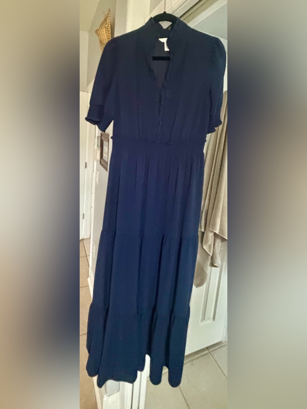 London Times Dark Navy Ruffled Collar Dress